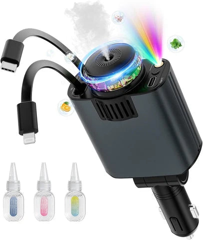 120W Super Fast Car Charger | شاحن سيارة سريع بقوة 120 واط مع كابلات سحب مزدوجة Type-C